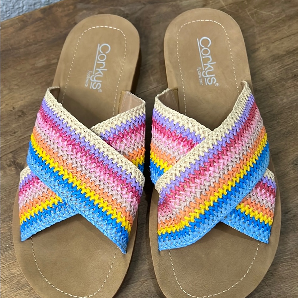 Corkys Pink and Tan Sandals with Woven Cross-Strap Design size 10 - Picture 6 of 6